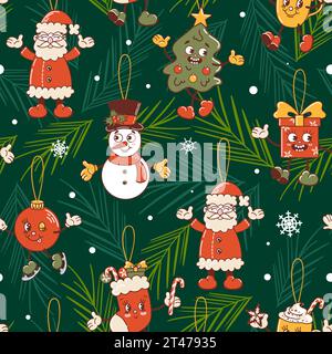 Christmas tree seamless pattern. Snowman, stocking, gift and mug, ball is skating. Cute old retro cartoon style characters. Spruce branches. wallpaper Stock Vector