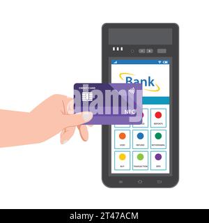 Contactless payment hand holding credit card near terminal machine Stock Vector