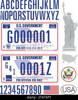 USA Government license plate pattern with symbols, letters, numbers, map, vector illustration Stock Vector