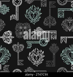 Vintage seamless pattern of keyholes and locks in Gothic style. Filigree, heart with crown, floral motif, leaves and herbs. Magical items, fantasy, bo Stock Vector