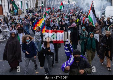 London, UK. 28th October, 2023. Pro-Palestinian protesters march through central London to call for an immediate ceasefire in Gaza. Mass Palestinian solidarity rallies have been held throughout the UK for a third consecutive weekend to call for an end to the Israeli bombardment of Gaza. Credit: Mark Kerrison/Alamy Live News Stock Photo