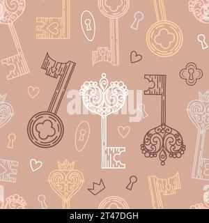 Vintage seamless pattern of keyholes and locks in Gothic style. Filigree, heart with crown, floral motif, leaves and herbs. Magical items, fantasy, bo Stock Vector