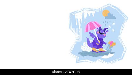 Cute Dragon cartoon mascot character. Happy New Year of the Dragon. The dragon hides from the rain under the umbrella and looks at the flowers. Stock Vector