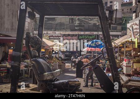 The people at food market in the downtown of Ramallah, the capital of Palestinian autonomy (Palestine) in West Bank. Stock Photo