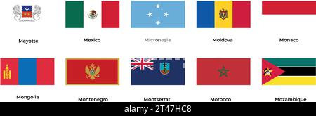 National flag of Mayotte Mexico Moldova Monaco Mongolia Montenegro Montserrat Morocco Mozambique Stock Vector
