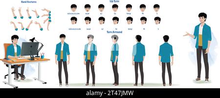 A young man character model sheet for animation. Character model sheet with lips sync, hand gesture, turn around sheet Stock Vector