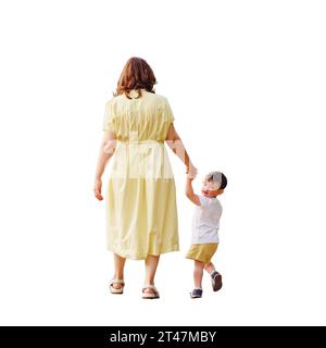 Child feels a mix of emotions as he looks back at his mom, unsure of what the future holds, isolated on white background. The unhappy baby clings to h Stock Photo