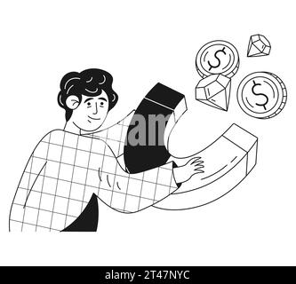 Financial character guy attracts money and diamonds with a magnet Stock Vector