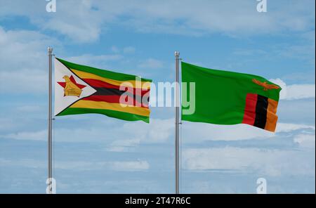 Zimbabwe and Zambia flags waving together in the wind on blue cloudy ...