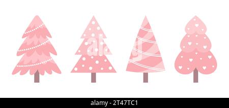 Set of pink Christmas trees isolated on white background. Flat vector illustration Stock Vector