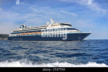 Istanbul, Turkey. October 29, 2023 : Exclusive preview of the cruise ship MV Lara with hull livery of the cruise line 'Life at Sea' which had planned to launch its three-year round-the-world cruise on November 1 from Istanbul (1,095 days, 382 ports, 140 countries, 7 continents). But Turkish parent company, Miray Cruises, announced that it's facing delays closing on the vessel and delayed the sail date to 11/11 from Amsterdam or Freeport on 11/21. The company plans to extend the cruise indefinitely allowing passengers to stay onboard as residents for life. Credit: Kevin Izorce/Alamy Live News Stock Photo