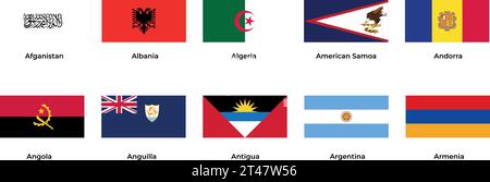 National flag of Afghanistan Albania Algeria Andorra Angola Anguilla Antigua Argentina Armenia  Stock Vector