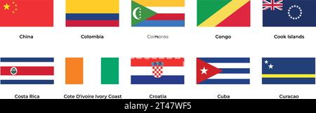 National flag of China Colombia Comoros Congo Costa Rica Ivory Coast Croatia Cuba Curacao Stock Vector