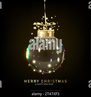 Christmas ornaments glass transparent balls. Set of Christmas ball inside bright light garlands, realistic 3d black star, hanging on gold ribbon Stock Vector