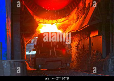 TANGSHAN - JUNE 18: converter dumping steel slag in iron and steel co., on June 18, 2014, Tangshan city, Hebei Province, China Stock Photo