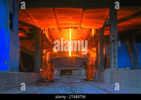 TANGSHAN - JUNE 18: converter dumping steel slag in iron and steel co., on June 18, 2014, Tangshan city, Hebei Province, China Stock Photo