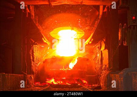 TANGSHAN - JUNE 18: converter dumping steel slag in iron and steel co., on June 18, 2014, Tangshan city, Hebei Province, China Stock Photo