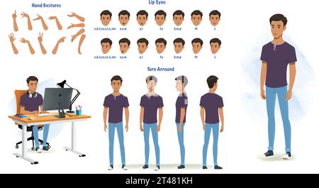 A young man character model sheet for animation. Character model sheet with lips sync, hand gesture, turn around sheet, character modal sheet, people Stock Vector