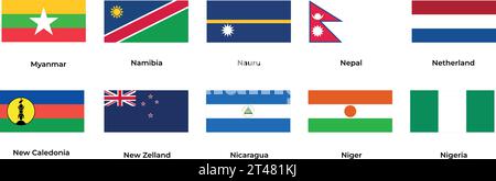 National flag of Myanmar Namibia Nauru Nepal Netherland New Zealand Niger Nigeria Nicaragua  Stock Vector