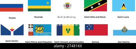 National flag of Russia, Rwanda, Saint Barthelemy, Saint Lucia, Saint Martin, Samoa, San Marino  Stock Vector