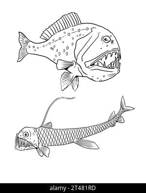 Deep-sea fish to color in. Template for a coloring book with sea animals. Colouring page. Stock Photo