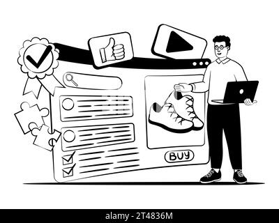 hand drawn vector image of man who talk about online commerce and results Stock Vector