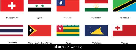 National flag of Switzerland Syria Taiwan Tajikistan Tanzania Thailand Togo Tokelau Tonga  Stock Vector