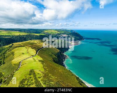 Cliffs over Countisbury and Lynton from a drone, Devon, England, Europe Stock Photo