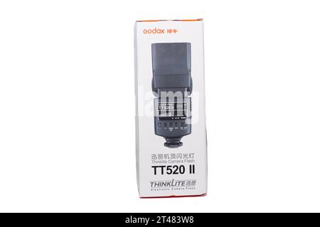 Moscow, Russia, October 20, 2023:. Godox TT520 II external on-camera flash isolated on white background. Stock Photo
