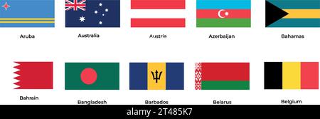 National flag of Australia Austria Azerbaijan Bahamas Bahrain Bangladesh Barbados Belarus Belgium  Stock Vector