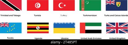 National flag of Tunisia Turkey Turkmenistan Uganda Ukraine United Arab Emirates United Kingdom  Stock Vector