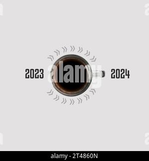 Happy New Year 2024. Cup of coffee change 2023 to 2024 on white background. Start concept. Minimal composition. Flat lay, top of view. Stock Photo