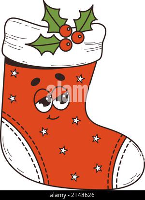 Christmas red sock retro cartoon character. Traditional cool Xmas decoration. Vector illustration. Merry Christmas and Happy New Year Stock Vector