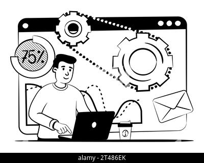 hand drawn vector image of a man who testing new technologies in digital business Stock Vector