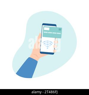 Hand holding smartphone with wifi icon and credit card on screen. Flat vector illustration Stock Vector