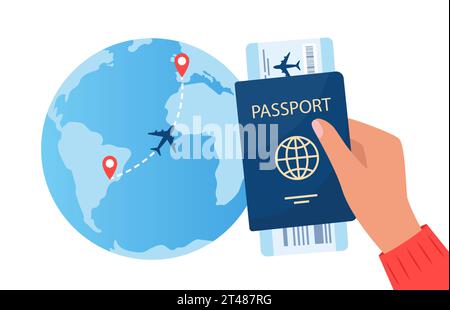 Passport with air ticket in human hand, planet earth with flight route and pins marker. Time to travel concept. Traveling by plane. International flig Stock Vector