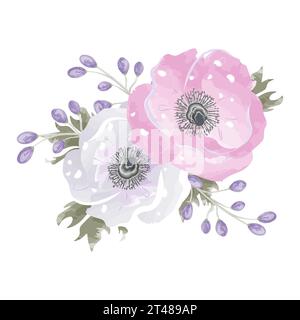 composition of two delicate flowers and watercolor leaves Stock Vector