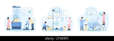 Naturopathy set vector illustration. Cartoon tiny people make naturopathic remedy from herbs ingredients in flask of medical laboratory, scientists research plants with magnifying glass and microscope Stock Vector