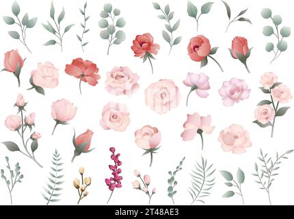 Vector Pastel-Colored Flower And Botanical Element Illustration Set Isolated On A White Background. Stock Vector