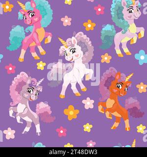 Seamless vector pattern cute unicorns with curly pink mane and tail with a flowers on a purple background. For textiles, wallpapers or prints, party, Stock Vector