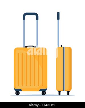 Yellow wheeled travel bag with hand. Plastic travel suitcase, front and side view. Vector illustration Stock Vector