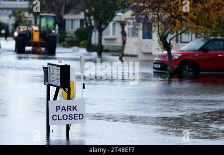 A view of the entrance to the Riverside Caravan Centre in Bognor Regis which has flooded after heavy rain the area. Residents in the South West are being warned of 'significant coastal flooding' amid heavy rain and strong winds. The Environment Agency has issued 72 flood warnings as the latest band of bad weather hits the country. Picture date: Sunday October 29, 2023. Stock Photo