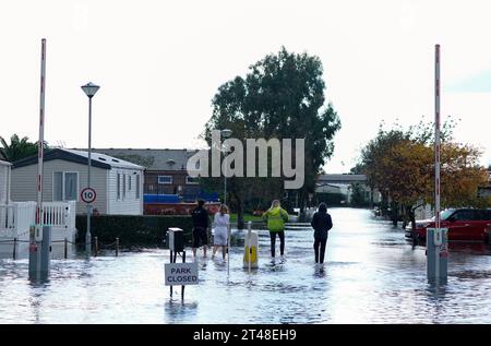 A view of the entrance to the Riverside Caravan Centre in Bognor Regis which has flooded after heavy rain the area. Residents in the South West are being warned of 'significant coastal flooding' amid heavy rain and strong winds. The Environment Agency has issued 72 flood warnings as the latest band of bad weather hits the country. Picture date: Sunday October 29, 2023. Stock Photo