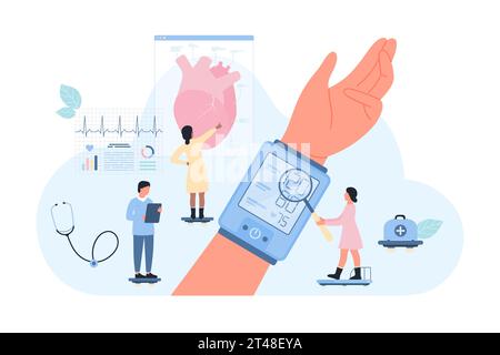 Heart health checkup, cardiology vector illustration. Cartoon tiny people measure blood pressure on hand of patient in hospital, examining data on digital monitor of electric device for treatment Stock Vector