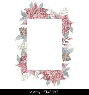 vertical christmas banner with red poinsettia and cone transparent background watercolor vector Stock Vector