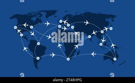 World travel map with airplanes, flight routes and pins marker. Vector illustration Stock Vector