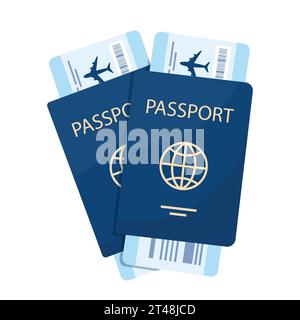 Two passports with boarding passes. Airplane tickets inside passports. Air travel concept. Tourism concept. Vector illustration Stock Vector