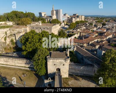 Aerial view of Palace of the Popes, once fortress and palace, one of the largest and most important medieval Gothic buildings in Europe in Avignon, Fr Stock Photo