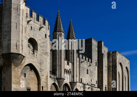 Palace of the Popes, once fortress and palace, one of the largest and most important medieval Gothic buildings in Europe in Avignon, France. Stock Photo
