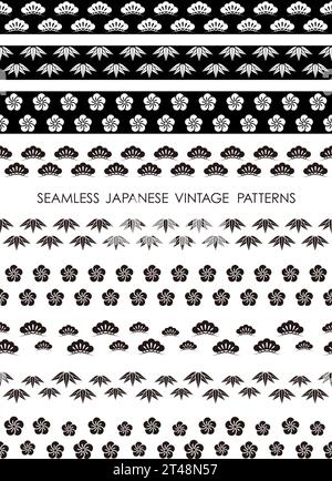 Set Of Japanese Monochrome Vintage Seamless Borders. Vector Illustration. All Patterns Are Horizontally Repeatable. Stock Vector